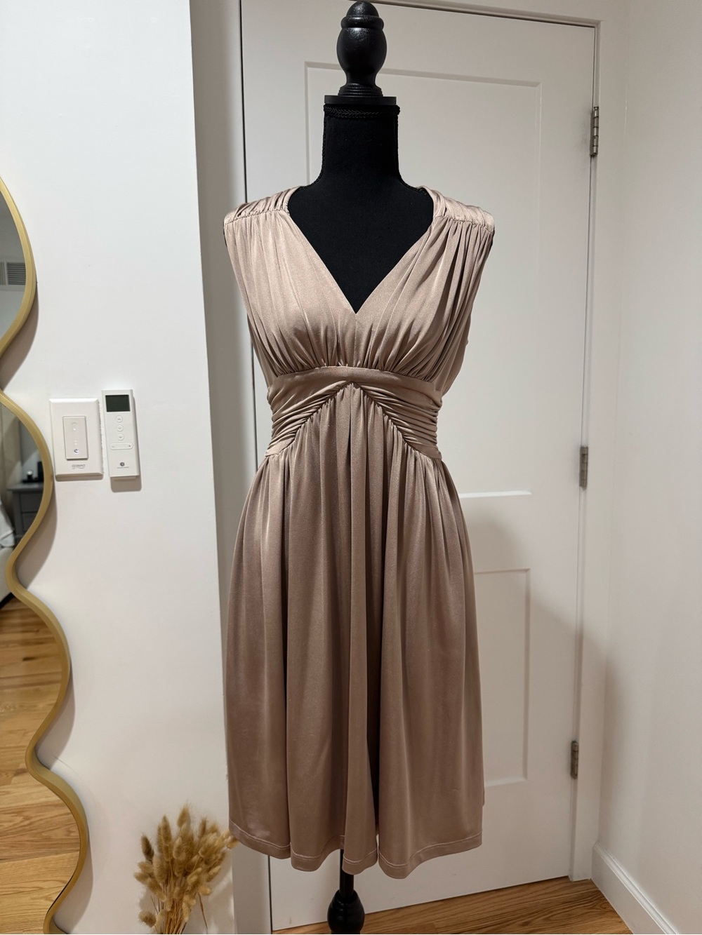 Boston Proper Taupe Sleeveless V-Neck Gathered-Waist Midi Dress Size 8 NWOT
